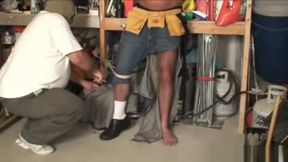 Mature handyman bound gagged stripped and jerked off in the garage.