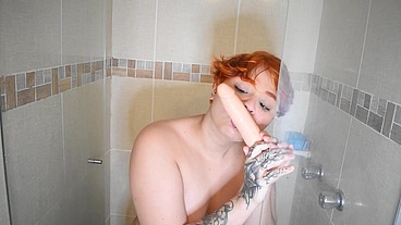 Crazy "Dildo Gangbang" at the Bathroom ends with a lot of cum