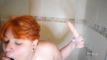 Crazy "Dildo Gangbang" at the Bathroom ends with a lot of cum
