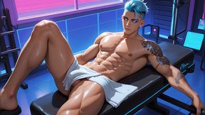 Cyberpunk Hacker Jerking on Hotel Gym Bench in Midnight Haze