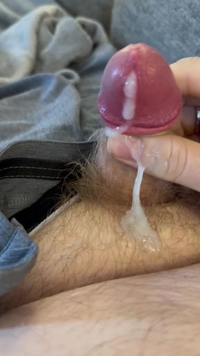 Uncut chubby fat bear jacks his tiny cock and cums!