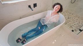 Elena Takes a Bath and Shower in Jeans and a White Shirt