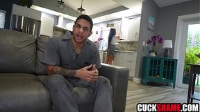 Cuckold husband joins wife and worker for sex