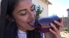 Long Tongue MILF Licks Eggplant