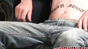 Tattooed amateur fondles his balls & jerks off until he cums