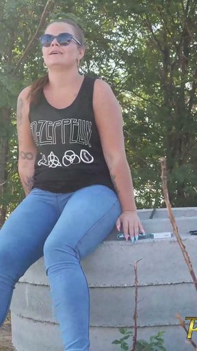 Pissing in her jeans while exercising outdoor