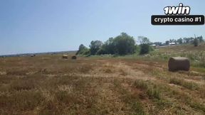 Hot platinum-blonde wifey Katy deep-throats in the hay at the field, jism slut!