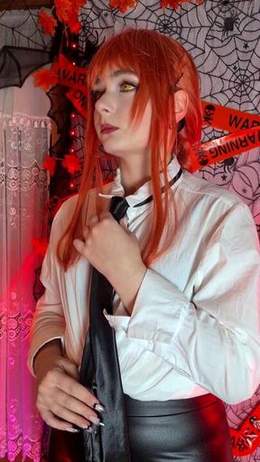 POV: dommy mommy Makima takes you on the leash: dirty talk, footjob and joi with countdown..