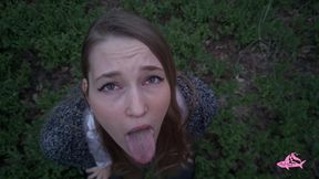 Hottie with a big cock gives a deepthroat blowjob in the forest