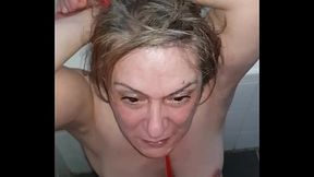 Slave girl gets a sloppy blowjob in public exhibition