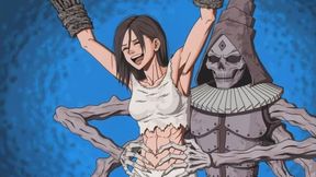 Tickling Dungeon : slave girl tied in a dark dungeon as an evil robotic device tickles her belly as she struggles in BDSM bondage fetish