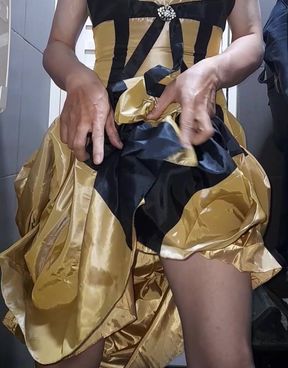 Gold Satin Silk Longdress Evening Gown Masturbation