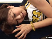Japanese brunette naughty cheerleader Runa Sezaki masturbating in train uncensored.