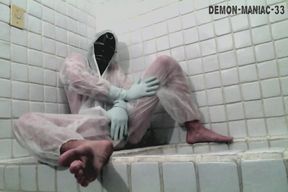 Masked Femboy in Suit Pees Itself and Cums