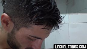 Gay Latino friends make out bareback in the hot shower