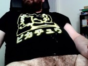 Nerdy Bear Shoots Load On Black And Yellow Pikachu Shirt While Watching Porn And Rubbing His Balls