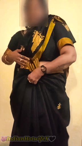 Desi Tamil Mature Wife Lux Black Saree Tease Shows Big Boobs Ass &amp; Hairy Pussy!