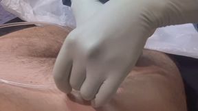 Nurse milks patient's Dick and makes him cum into the catheter bag - milking Latex gloves medical fetish