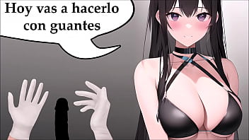 JOI HENTAI, profesora experta en pajas. Usando guantes.