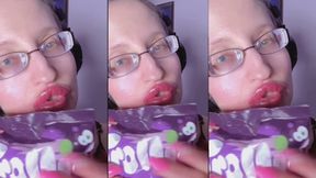 ASMR TEETH CANDY Eating - ASMR, EYE GLASSES, GIANESS, LIPSTICK , Big LIPS, MOUGH, FOOD, FACE FETISH, LONG NAILS