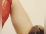 Red Thigh-High Boots In Latex, Cock-Ring & Butt-Plug