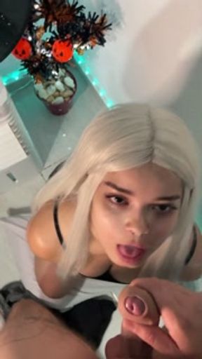 Spell of Desire: the blonde witch doing her deep Halloween blowjob
