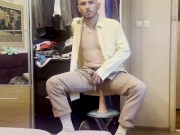 suited gentleman is spreading legs like slut and plays with his malepussy with locked dick