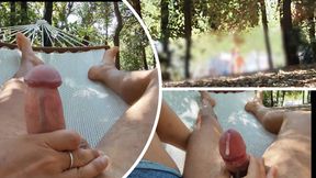 Naked in the park in the hammock he touches my cock until I cum with people passing around - MissCreamy