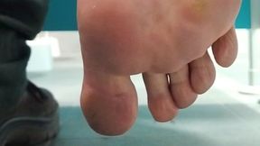 Dirty Work Sock Removal in Toilet Stall – Smelly Bare Sole Close-Up