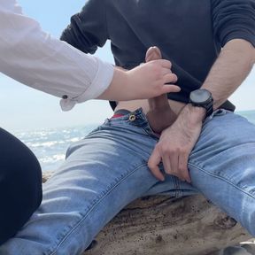 Dominant milking on secluded beach section - Horny stranger catches me jerking off by the sea