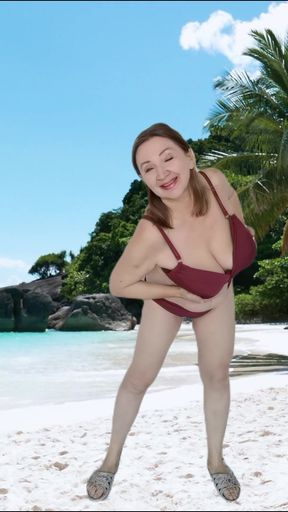 Busty granny shows huge natural tits in bikini, sexy strip