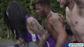 Evas bareback anal threesome on the basketball court: a trans interracial experience