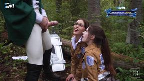 Teen beauty in hot pearl cosplay sucks big cock in forest threesome