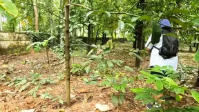 Housewife shows off big boobs and round ass in the jungle