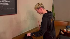 2 fellows bang and smooch in a public rest room in a cafe