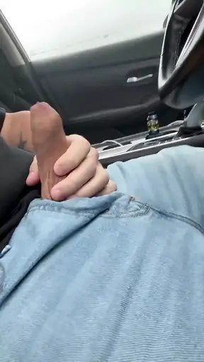 Gay Uncut Bear Jerks in Car and Cums