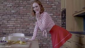 Redhead bombshell gets filled with hot cream in kitchen