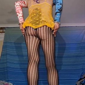 Posing in My Sexy Yellow Suit and Stripe Pantyhose