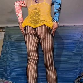 Posing in My Sexy Yellow Suit and Stripe Pantyhose