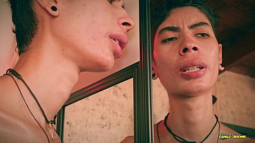 Hot Skinny Twink Jerking His Big Cut Cock In Front Of The Mirror