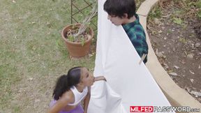 Dark-haired MILF Olivia Jayys seduces charming neighbor with intense workout teasing