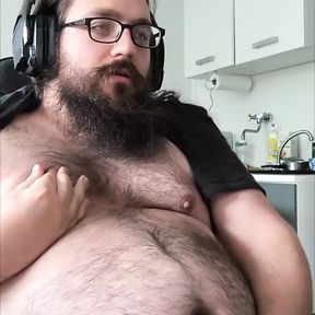 Fat Young Bear jerks off and cums on his belly