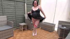 Big Tits wife in Black party dress and white Holdup stockings