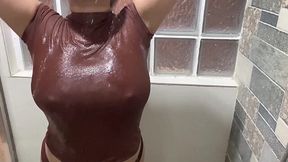 Wet T-shirt exposed her big natural tits in the shower