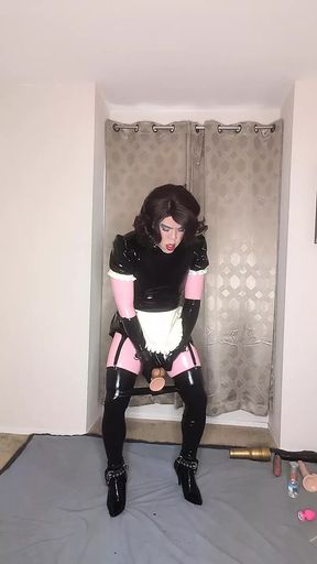 Latex Catsuit and Maid Dress Sissy Tries to Fuck Both of Her Holes with Dildos