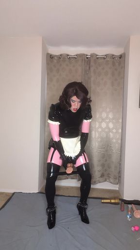 Latex Catsuit and Maid Dress Sissy Tries to Fuck Both of Her Holes with Dildos