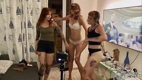 Threesome girls' party turned into wild strapon fuck on a sofa