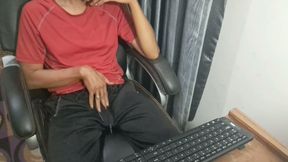 Exotic skinned asian adult male reaction watching jav movie
