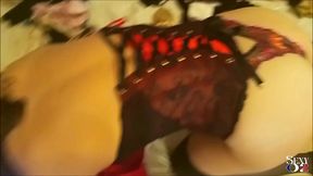 1985 - french amateur, white satin panties, red satin garter-belt, stockings, heels, blowjob, rimming, pov
