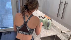 MILF Gets Fucked and Spitroated in Yoga Pants in Kitchen by Two Guy Before Double Facial Finish